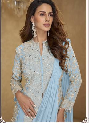 Sky blue color real chinon embroidered suit set with tassel lace 2