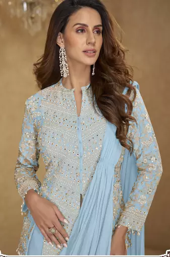 Sky blue color real chinon embroidered suit set with tassel lace