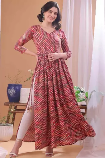 Red striped printed rayon a-line pleated kurta