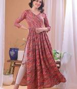 Red striped printed rayon a-line pleated kurta