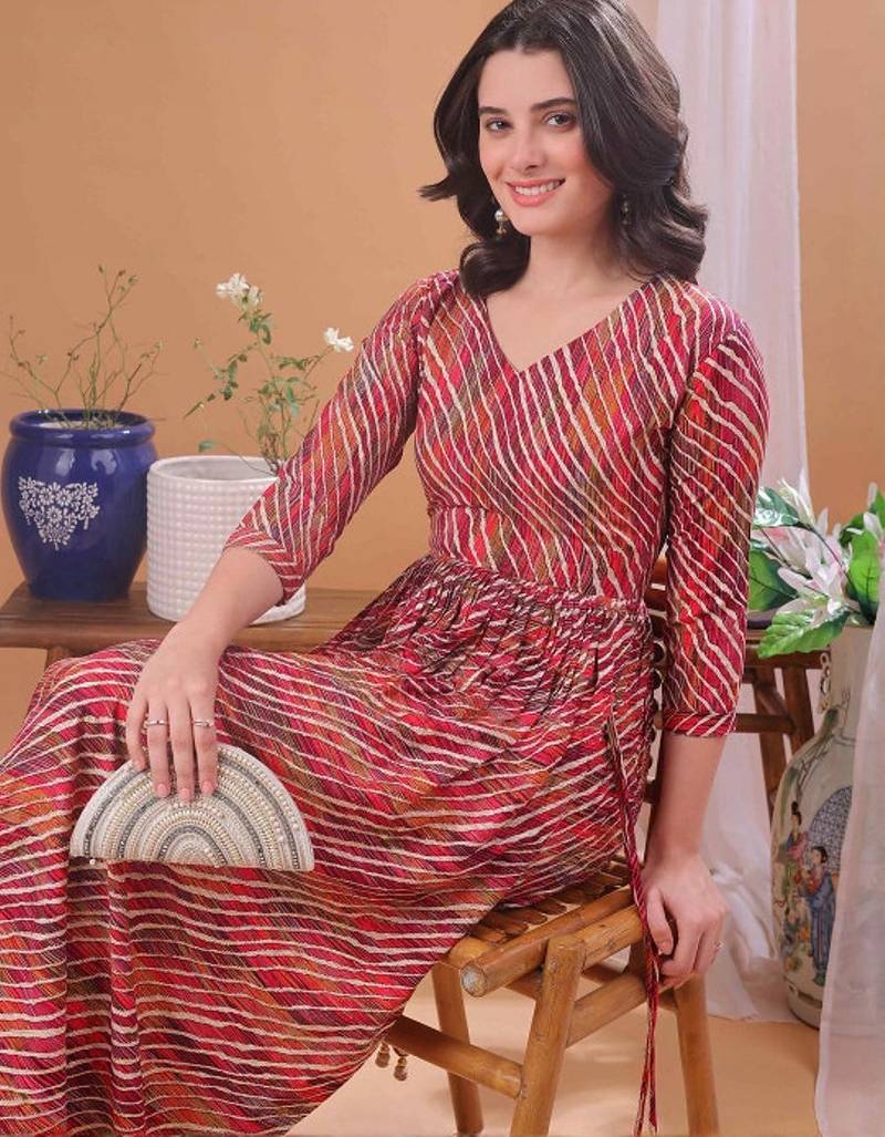Red striped printed rayon a-line pleated kurta