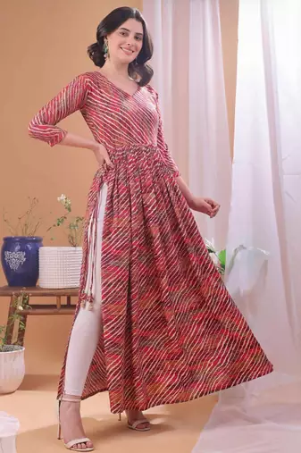 Red striped printed rayon a-line pleated kurta