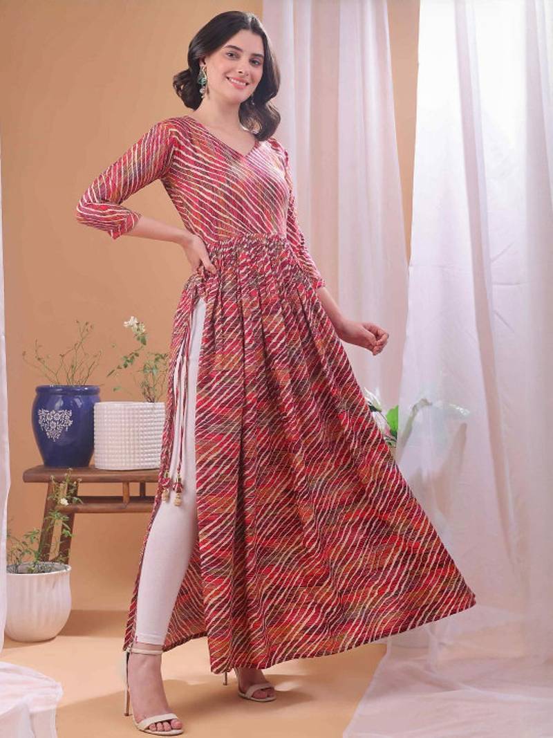 Red striped printed rayon a-line pleated kurta