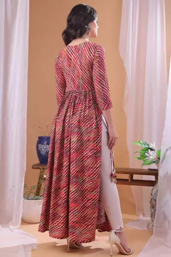 Red striped printed rayon a-line pleated kurta
