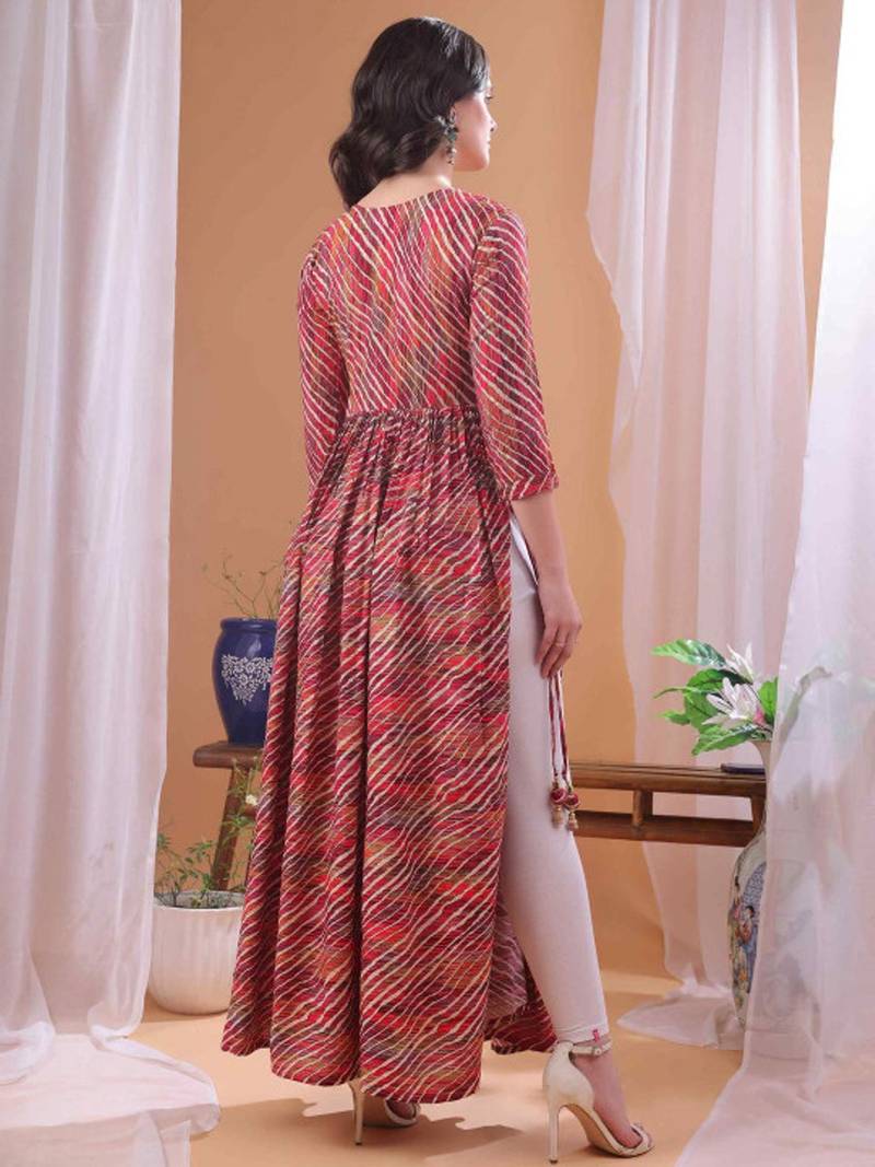 Red striped printed rayon a-line pleated kurta