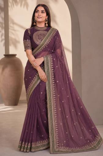 Wine Color Mono Banglori With Sequance And Embroidery Work Nc Twill Saree