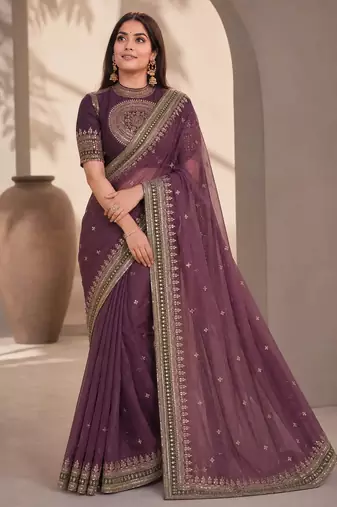 Wine Color Mono Banglori With Sequance And Embroidery Work Nc Twill Saree