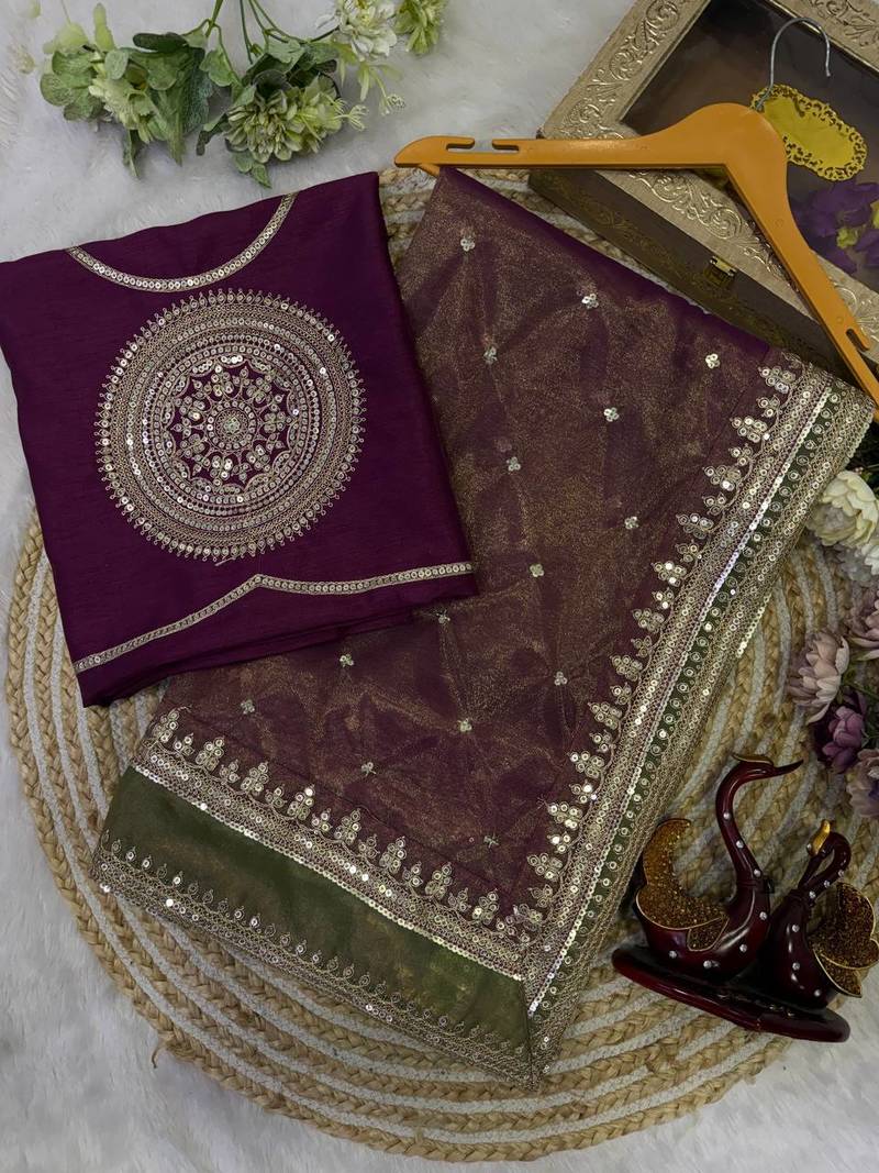 Wine Color Mono Banglori With Sequance And Embroidery Work Nc Twill Saree