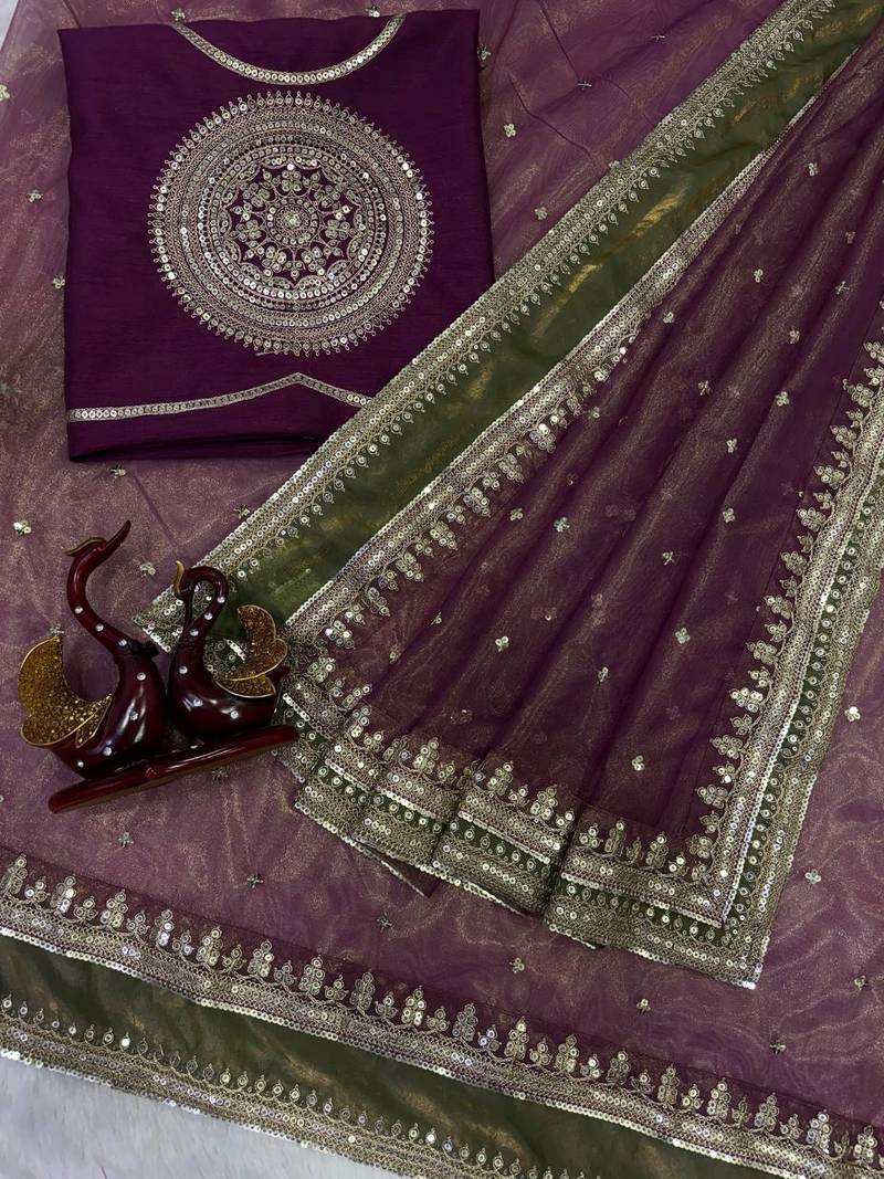 Wine Color Mono Banglori With Sequance And Embroidery Work Nc Twill Saree