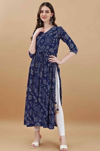 Navy blue bandhani printed rayon a-line pleated kurta