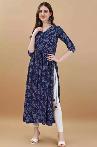 Navy blue bandhani printed rayon a-line pleated kurta