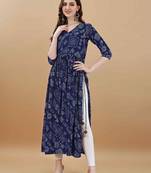 Navy blue bandhani printed rayon a-line pleated kurta