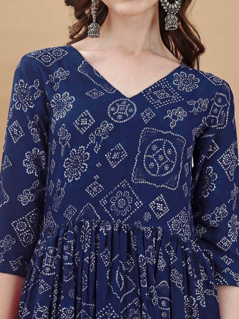 Navy blue bandhani printed rayon a-line pleated kurta