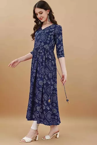 Navy blue bandhani printed rayon a-line pleated kurta
