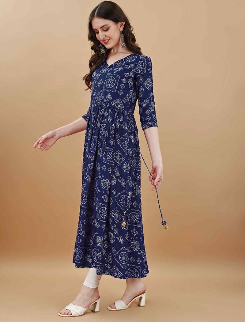 Navy blue bandhani printed rayon a-line pleated kurta