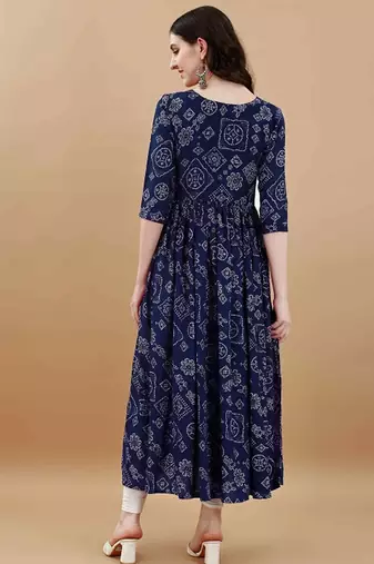 Navy blue bandhani printed rayon a-line pleated kurta