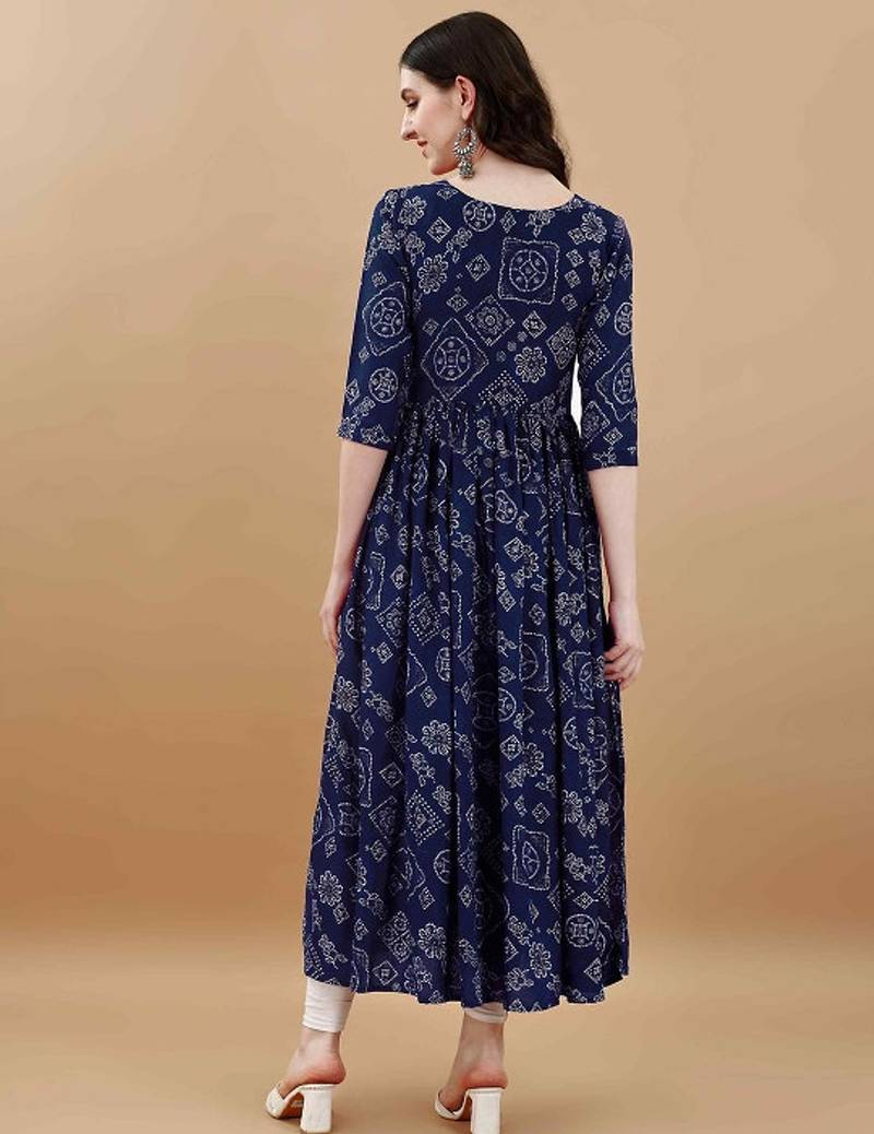 Navy blue bandhani printed rayon a-line pleated kurta