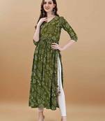 Green bandhani printed rayon a-line pleated kurta