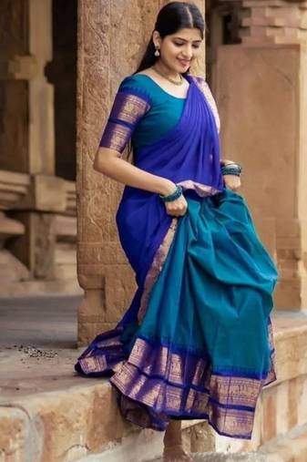 Rama Blue & Royal Blue Kanjivaram Silk Half Saree – Traditional Gold Zari Weaving Langa Voni Set For Women's