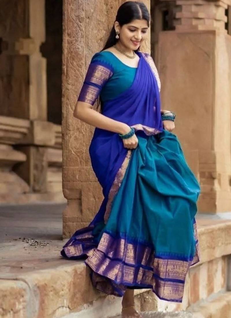 Rama Blue & Royal Blue Kanjivaram Silk Half Saree – Traditional Gold Zari Weaving Langa Voni Set For Women's
