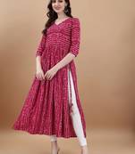 Pink bandhani printed rayon a-line pleated kurta