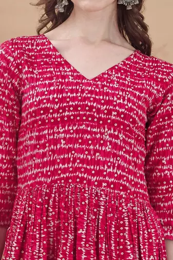 Pink bandhani printed rayon a-line pleated kurta