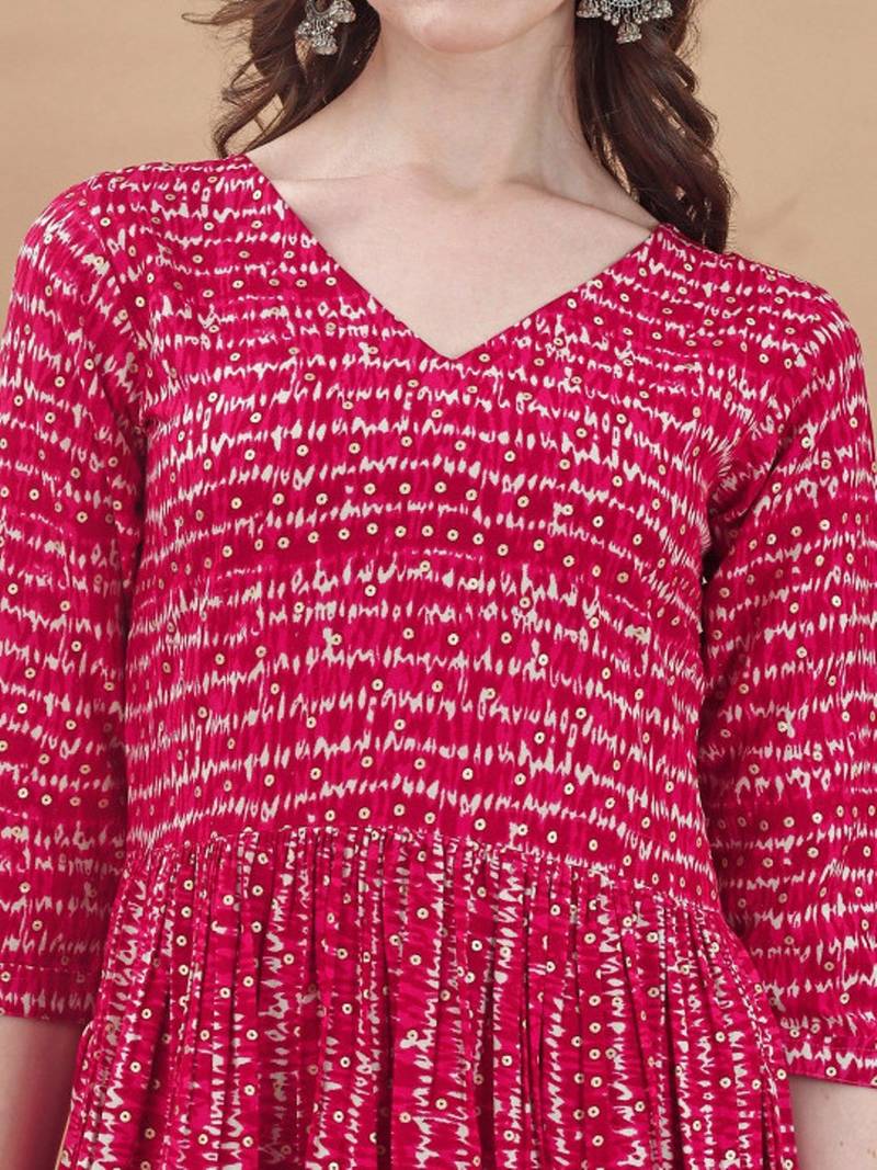 Pink bandhani printed rayon a-line pleated kurta