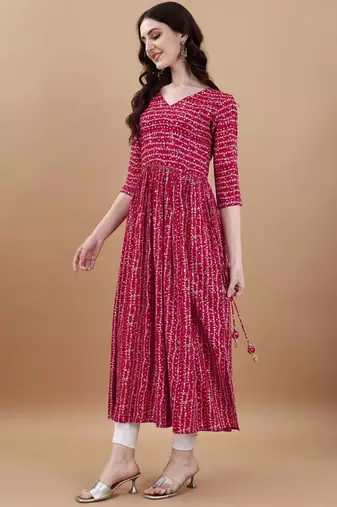 Pink bandhani printed rayon a-line pleated kurta