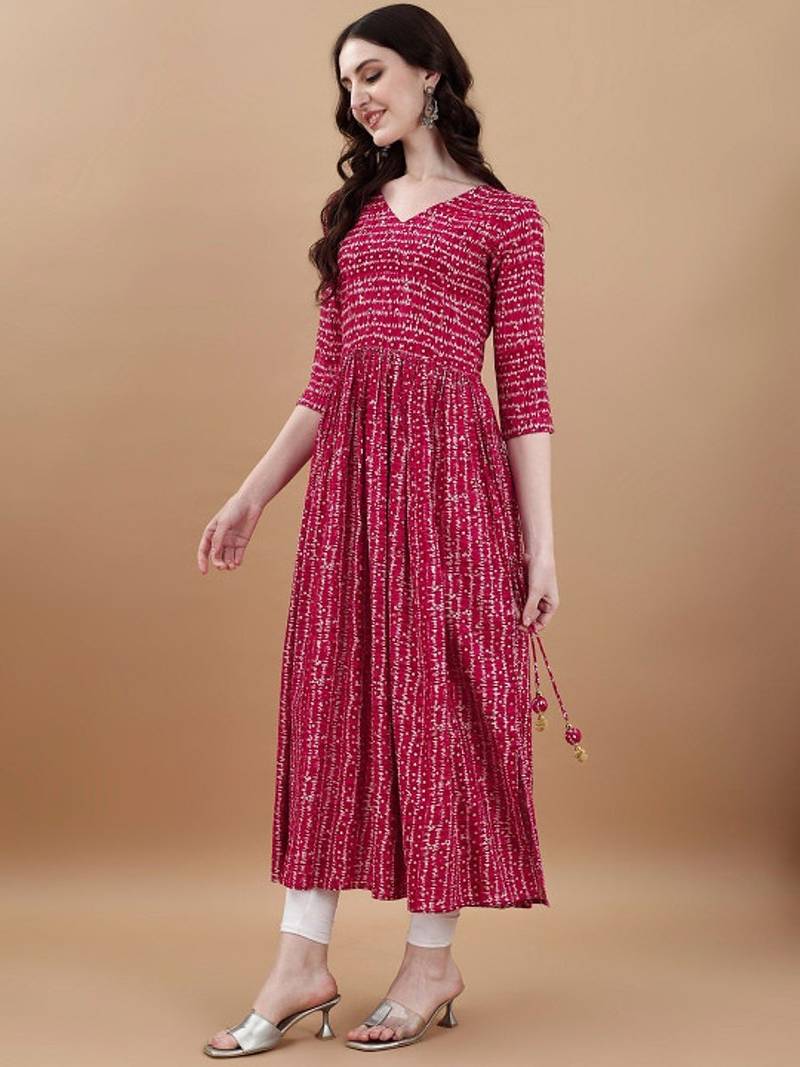 Pink bandhani printed rayon a-line pleated kurta