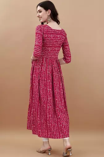 Pink bandhani printed rayon a-line pleated kurta