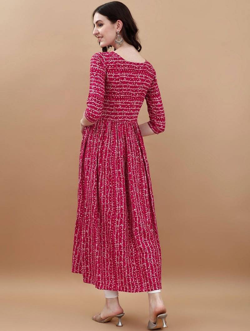 Pink bandhani printed rayon a-line pleated kurta