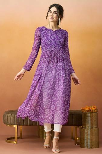 Purple bandhani printed georgette a-line pleated kurta