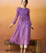 Purple bandhani printed georgette a-line pleated kurta
