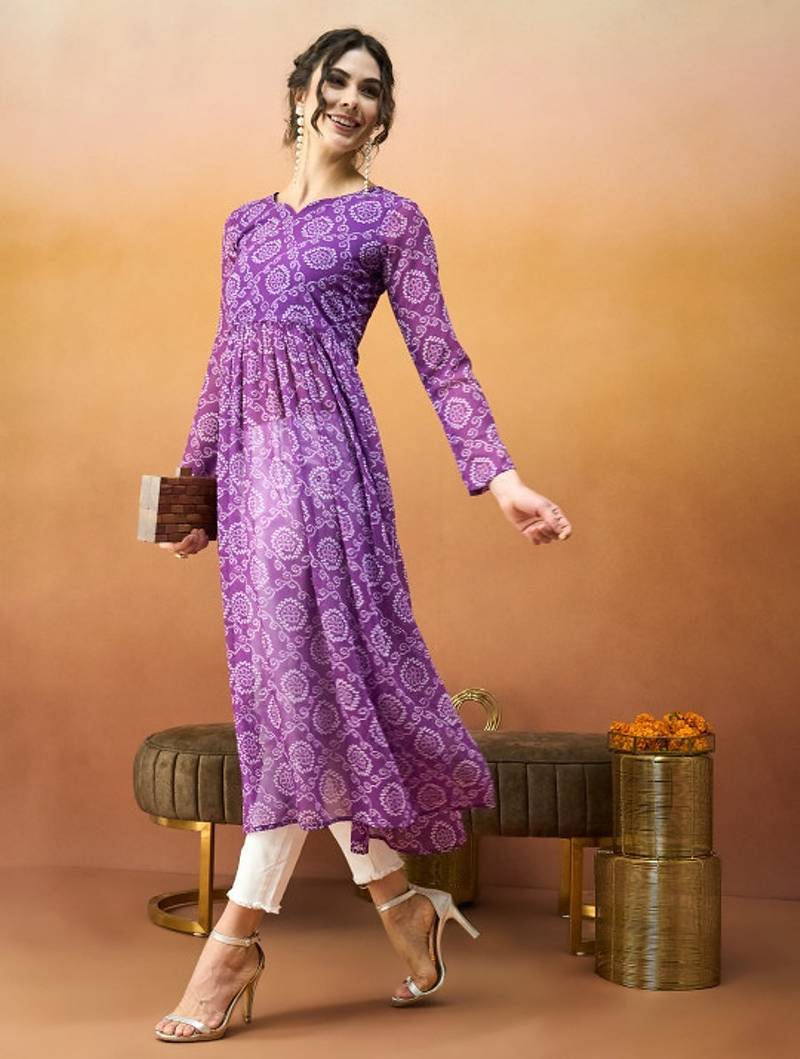 Purple bandhani printed georgette a-line pleated kurta