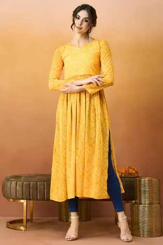 Yellow bandhani printed georgette a-line pleated kurta