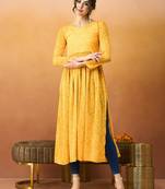 Yellow bandhani printed georgette a-line pleated kurta
