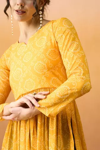 Yellow bandhani printed georgette a-line pleated kurta