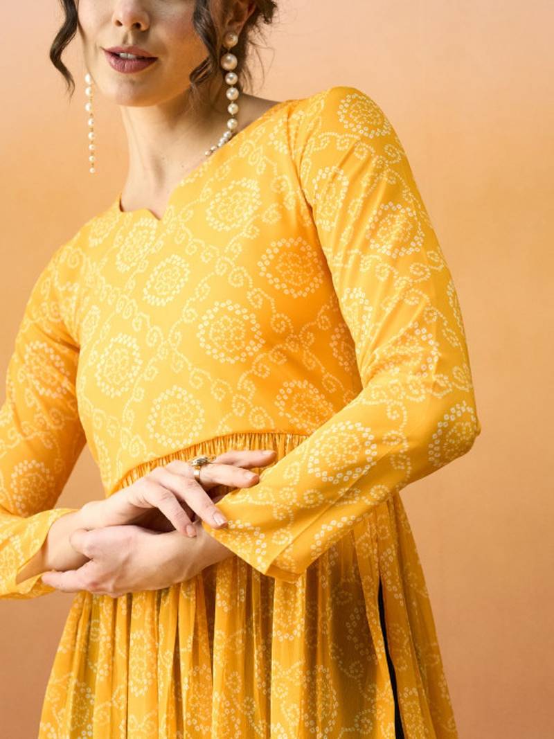 Yellow bandhani printed georgette a-line pleated kurta