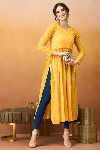 Yellow bandhani printed georgette a-line pleated kurta