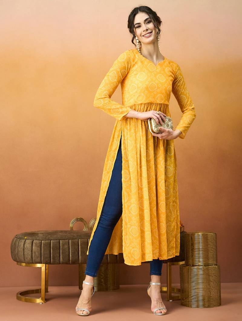 Yellow bandhani printed georgette a-line pleated kurta