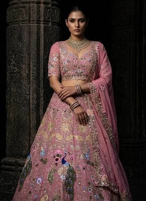 PINK FAUX GEORGETTE PARTY WEAR EMBROIDERY LEHENGA CHOLI  1
