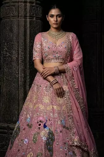 PINK FAUX GEORGETTE PARTY WEAR EMBROIDERY LEHENGA CHOLI 