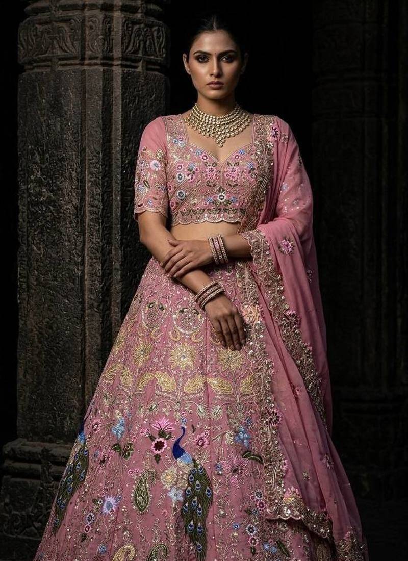 PINK FAUX GEORGETTE PARTY WEAR EMBROIDERY LEHENGA CHOLI 