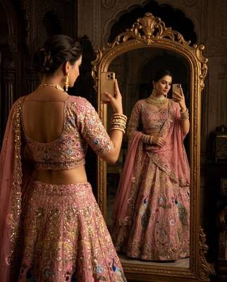 PINK FAUX GEORGETTE PARTY WEAR EMBROIDERY LEHENGA CHOLI  3
