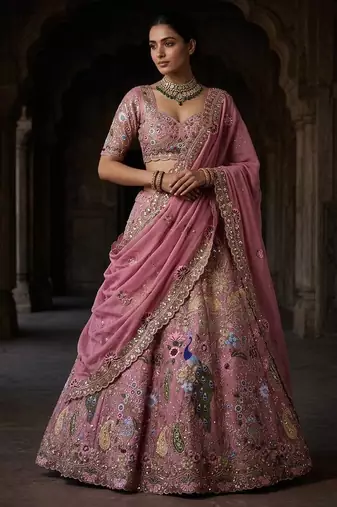 PINK FAUX GEORGETTE PARTY WEAR EMBROIDERY LEHENGA CHOLI 