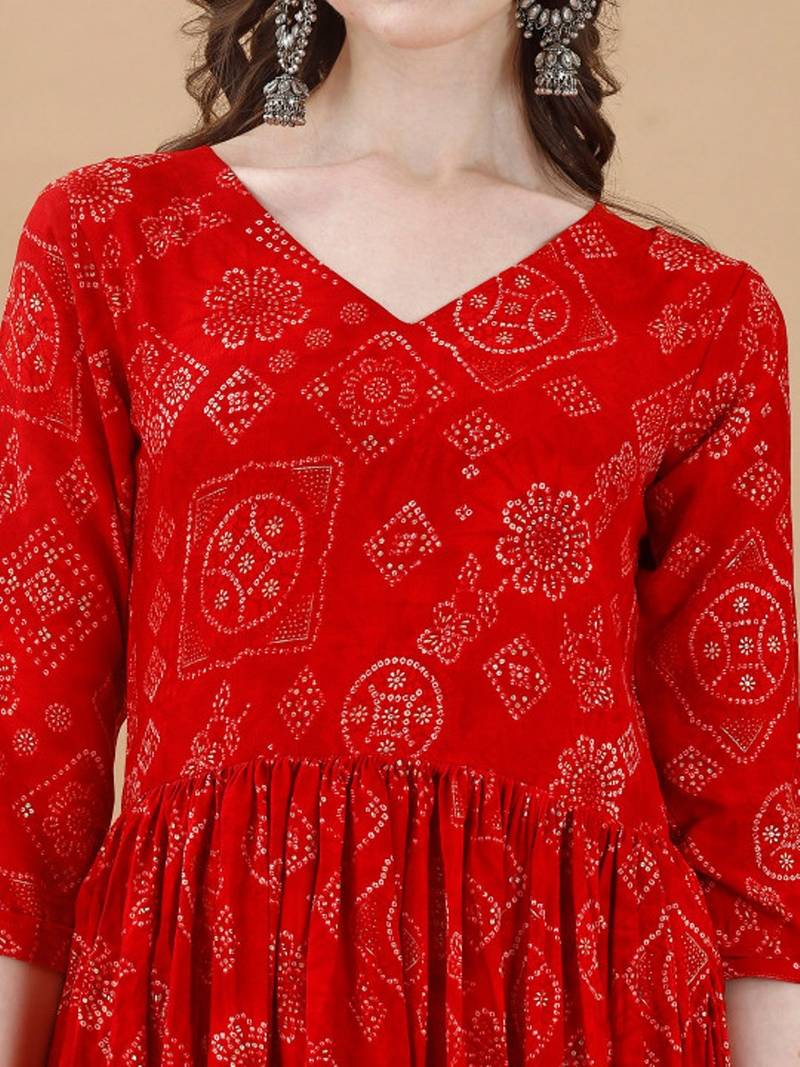 Red bandhani print mirror work rayon a-line kurta