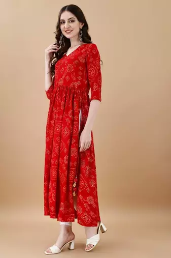 Red bandhani print mirror work rayon a-line kurta
