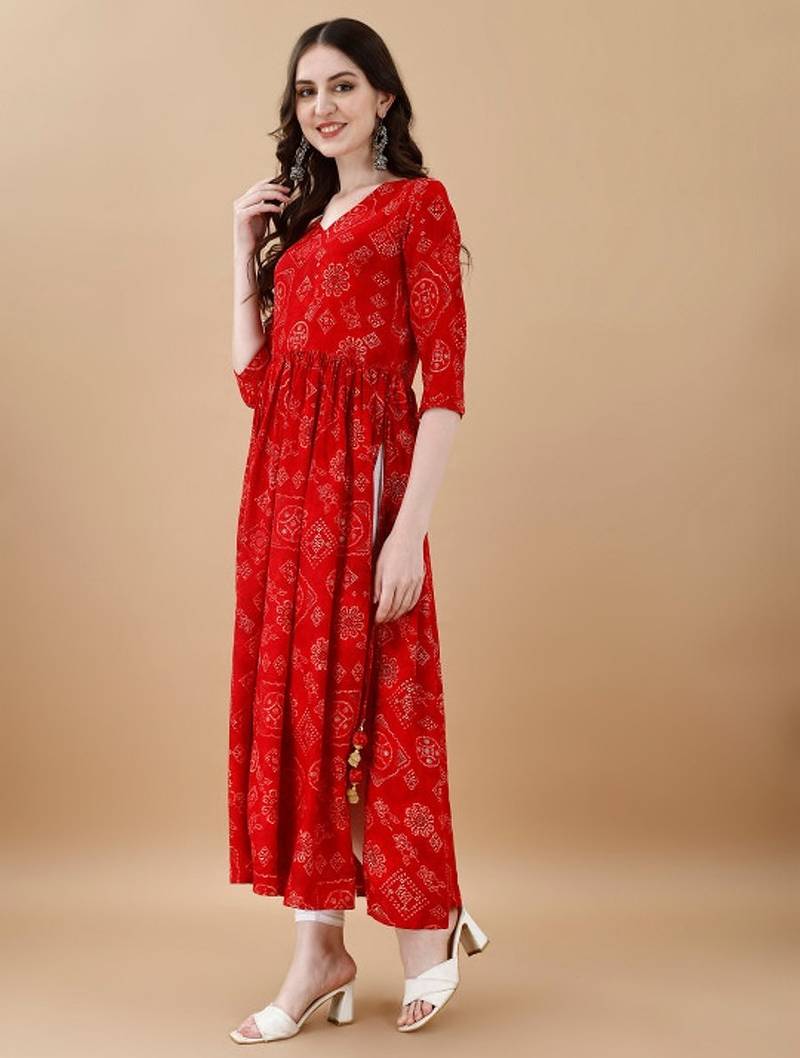 Red bandhani print mirror work rayon a-line kurta