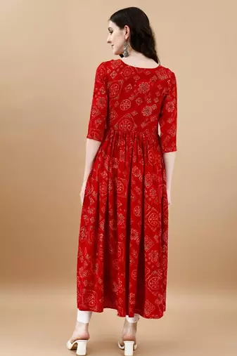 Red bandhani print mirror work rayon a-line kurta