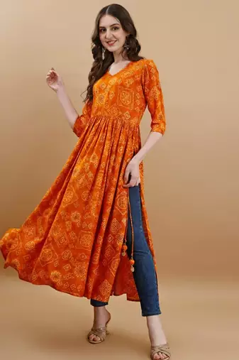 Orange bandhani print mirror work rayon a-line kurta